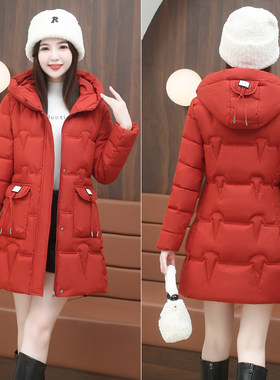 中长款连帽羽绒棉服女2025今年新款冬季修身收腰型棉衣袄保暖外套
