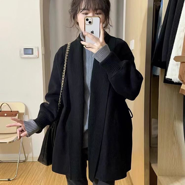 复古日系高级感黑色针织开衫女秋冬中长款慵懒风毛衣外套软糯上衣