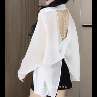 夏季韩版露背防晒衬衫女大码胖mm洋气纯欲风性感长袖显瘦宽松上衣