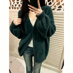秋冬仿水貂绒针织毛衣外套女士韩系大码胖mm宽松风衣开衫上衣潮