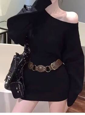 纯欲露肩针织连衣裙毛衣裙