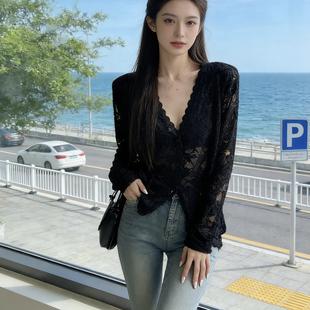 韩系大码胖mm夏季女款纯欲风镂空蕾丝衫长袖显瘦外搭防晒披肩上衣
