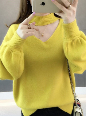 挂脖毛衣女秋冬加厚针织衫