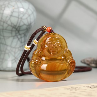 弥勒佛吊坠女天然琥珀棕红珀项链笑佛男款生日礼物饰品平安DIY