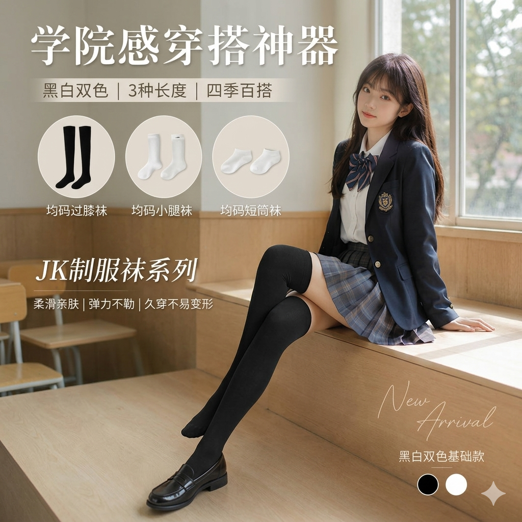 纯棉显瘦女秋微压袜纯色jk袜过膝盖防下滑长筒袜配短裙春秋黑白夏