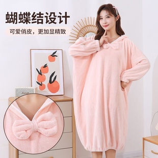 加厚浴袍可穿式 带帽浴裙成人洗澡浴衣吸水家居服带帽睡袍宽松长款