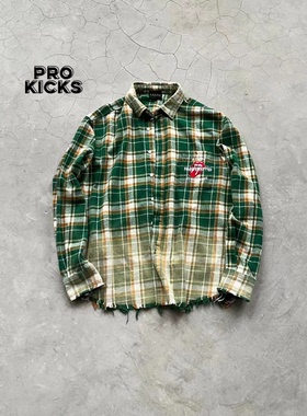 False perception 万针刺绣血牙绿格子破坏做旧水洗褪色休闲衬衫