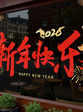 2026元旦新年快乐橱窗玻璃贴马年窗贴春节过年装饰静电贴纸画4227