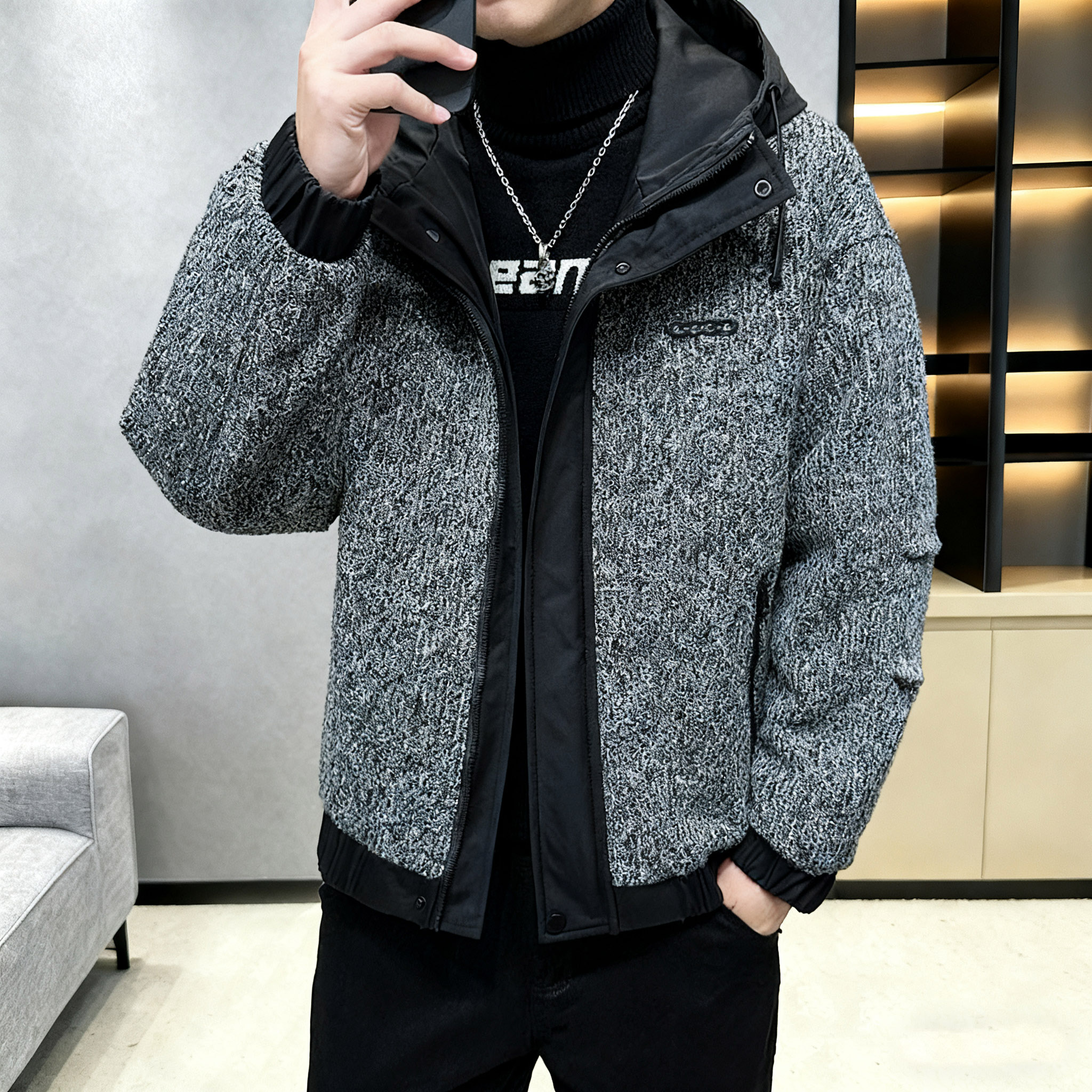 2025新款针织连帽棉衣男宽松厚款夹棉夹克外套时尚休闲棉服棉袄帅