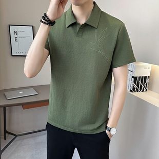 2025中国风刺绣透气亚麻翻领带领短袖 帅 T恤男POLO衫 商务休闲时尚