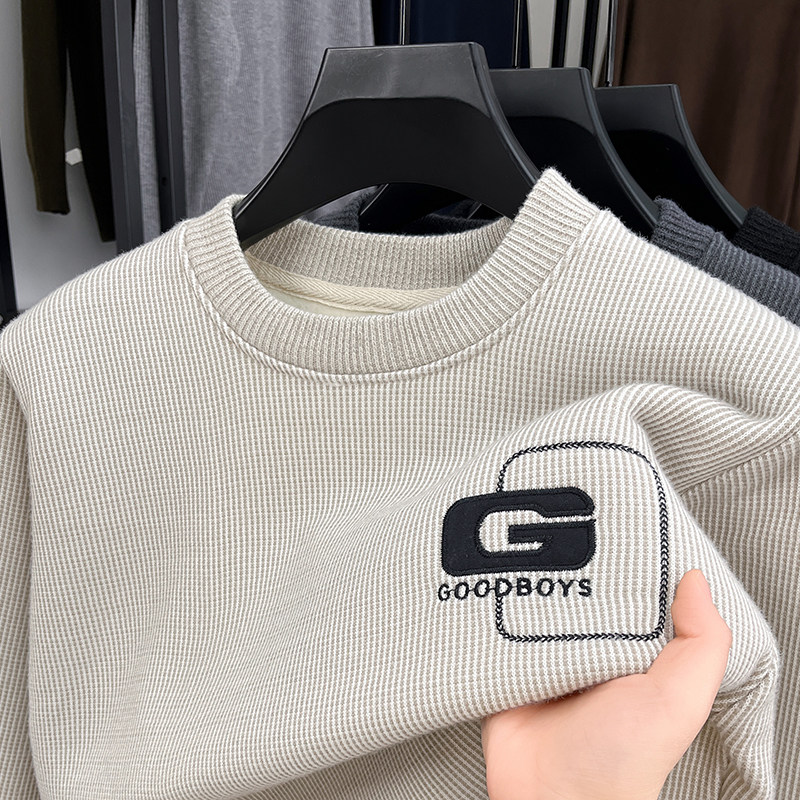 不起球柔软毛衣男加绒厚保暖内搭套头针织衫圆领休闲一体绒打底衫