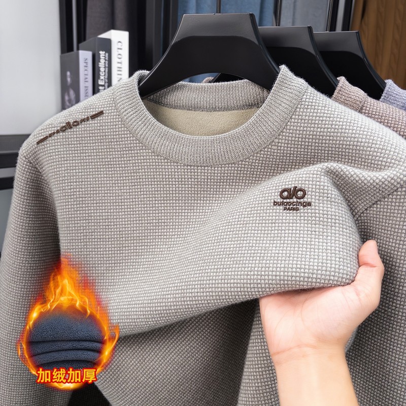 雅鹿新款一体绒加绒厚款圆领毛衣男中青年商务休闲打底针织衫线衣