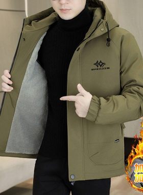 冬季连帽派克服棉衣男工装夹克加绒厚保暖棉袄休闲冲锋衣棉服外套