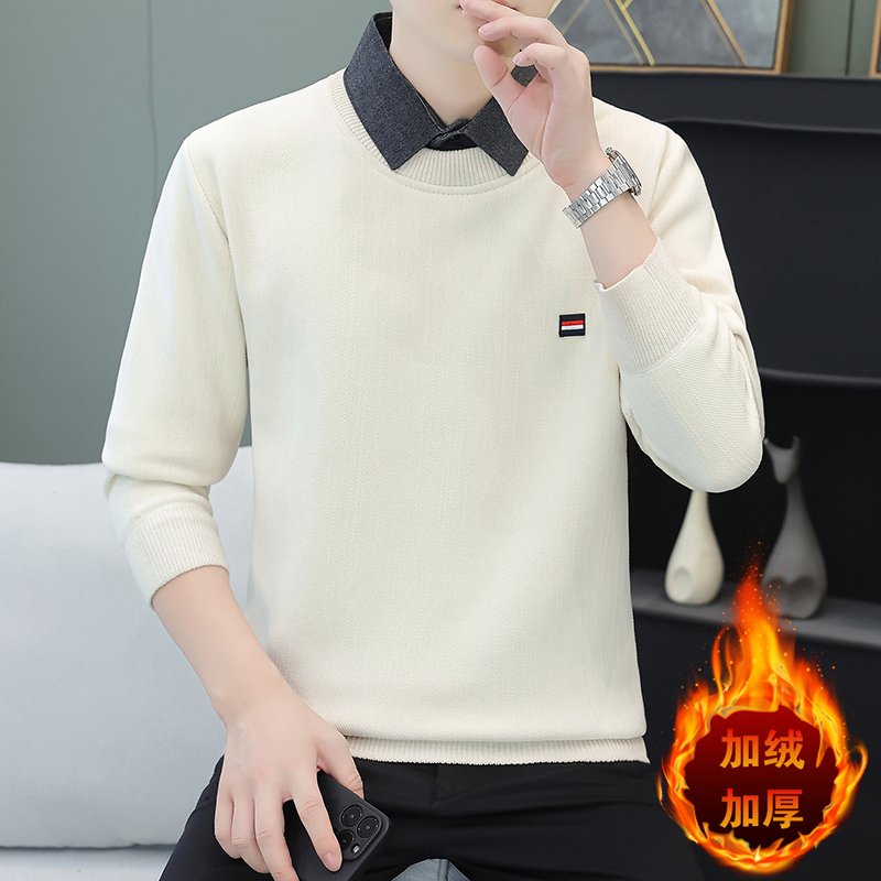 雅鹿不起球假两件带领衬衫领毛衣男内搭打底针织衫线衣一体绒厚款