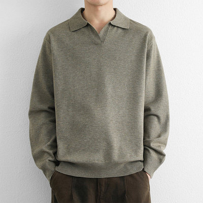 雅鹿不起球翻领带领套头毛衣男宽松休闲外穿针织衫毛线衣柔软外套