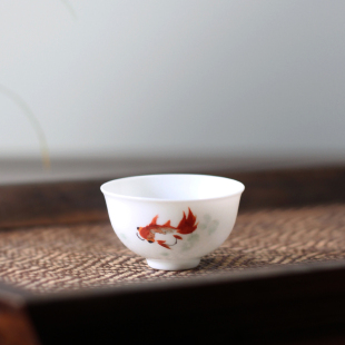 复古传统潮州功夫茶具茶杯彩瓷杯手绘金鱼小杯单丛茶若深蛋壳茶杯