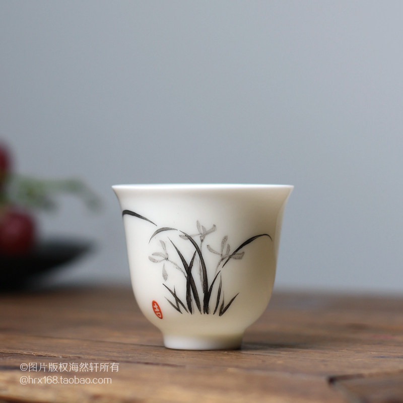 原创手工潮州铃铛杯功夫茶具羊脂玉瓷手绘墨兰花品茗杯茶杯主人杯