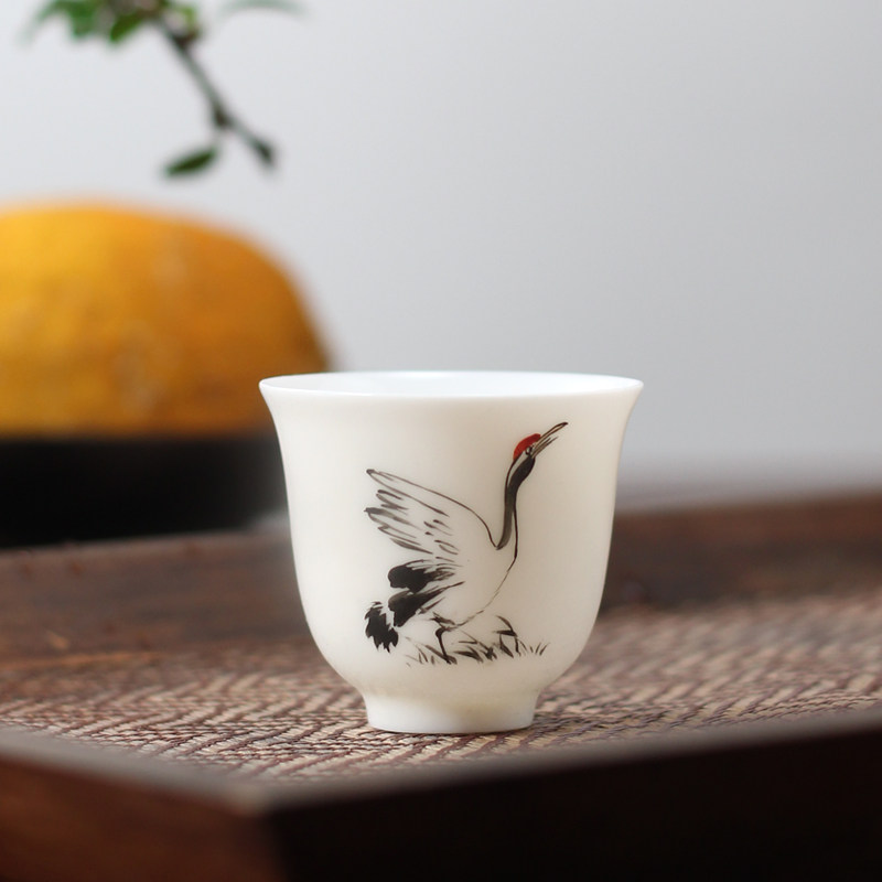 复古国潮文化 高温玉瓷手绘仙鹤潮州功夫茶杯品茗杯茶具手工单杯