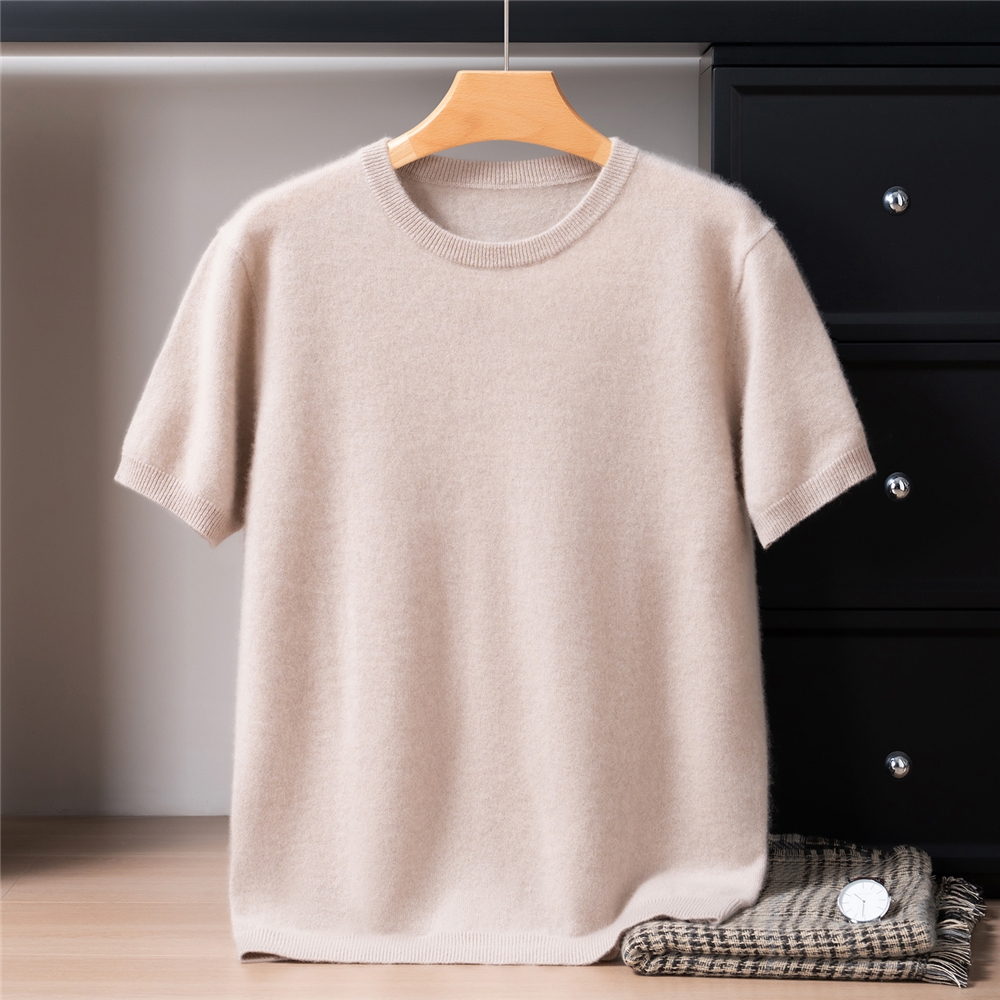 baby感小山羊绒，100%纯山羊绒短袖男士圆领套头半袖毛衣针织衫