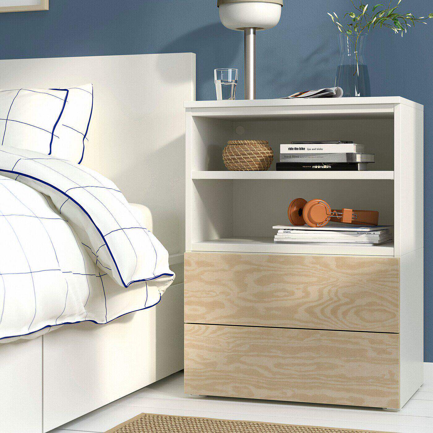 IKEA宜家代购普拉萨床头桌白色卡保登松木纹60x42x83cm卧室床头柜