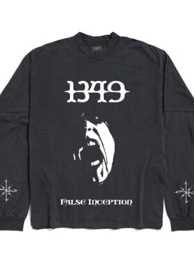 False Inception洗水灰假两件1349乐队印花做旧小领口长袖T恤秋季