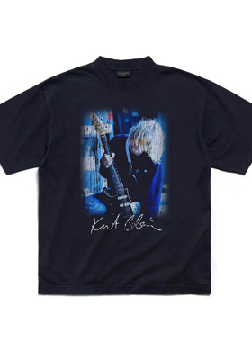 False Inception柯本人像涅槃乐队Nirvana水洗藏蓝美式VTG短袖T恤