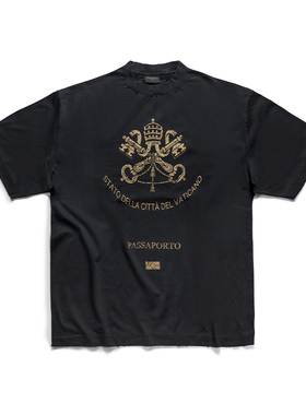 False Inception水洗黑梵蒂冈护照系列纯棉百搭小领口宽松短袖T恤