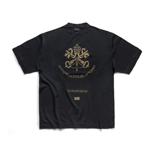 False Inception水洗黑梵蒂冈护照系列纯棉百搭小领口宽松短袖T恤