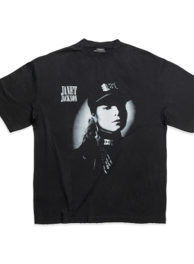 False Inception水洗黑Janet珍妮杰克逊人像vintage小领口短袖T恤