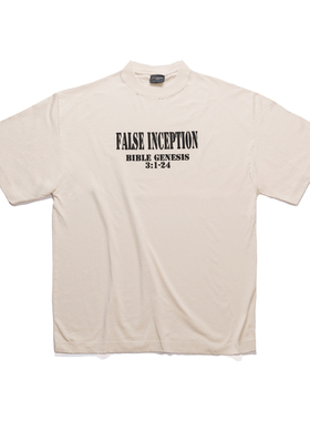 False Inception杏色基础logo纯棉破坏百搭显白小领口宽松短袖T恤