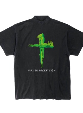 False Inception十字架恶搞Monster魔爪logo洗水灰小领口短袖T恤