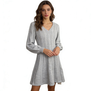 I4856外贸欧美女士毛衣裙新款 连衣裙 V领套头收腰显瘦中长款