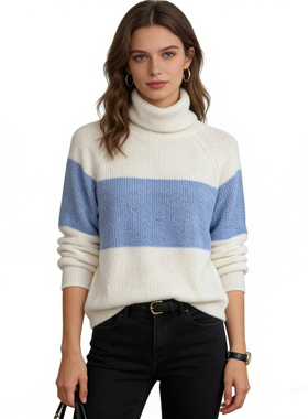 G9436外贸欧美女生高领毛衣冬款宽松时尚学院风拼色短款针织衫