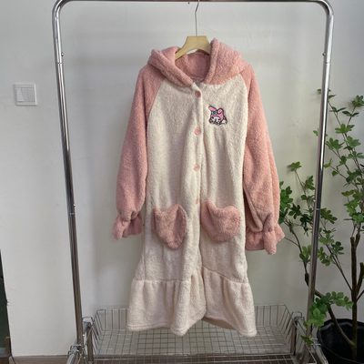 JJ5992外贸韩版女生毛绒睡袍冬款连帽卡通风珊瑚绒睡衣加厚家居服