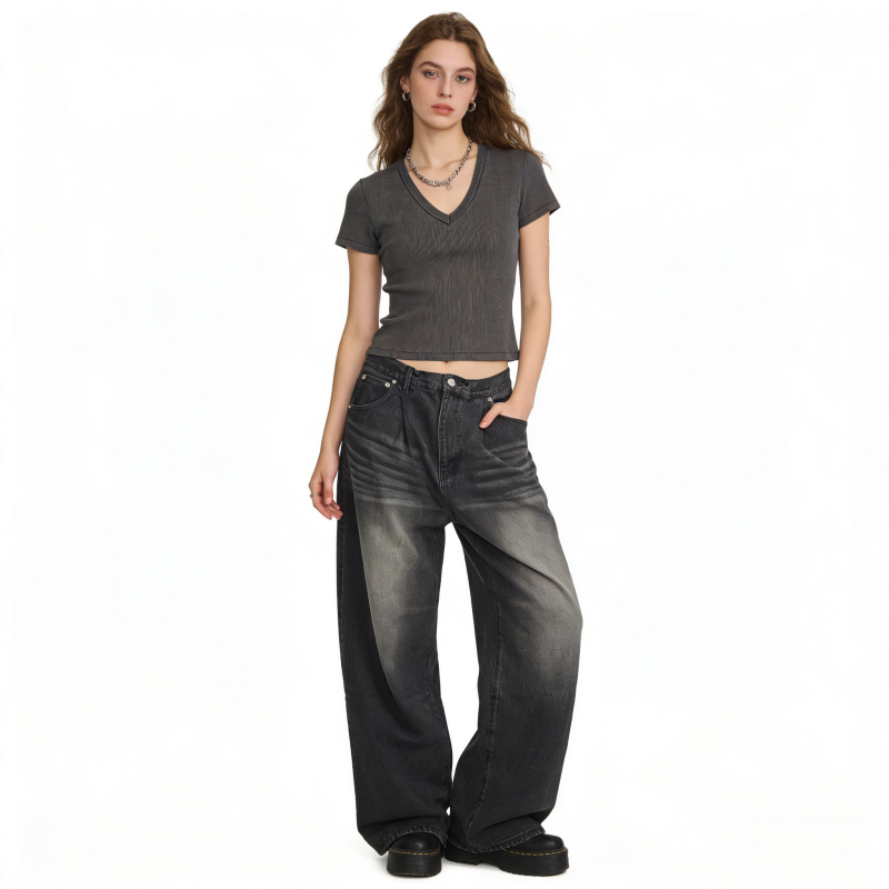 F4896外贸日单女士高腰牛仔裤新款时尚印染色宽松显瘦阔腿裤长裤