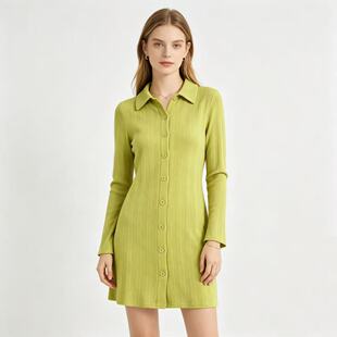 L8963外贸欧美衬衫连衣裙女新款坑条针织翻领单排扣长袖中长裙