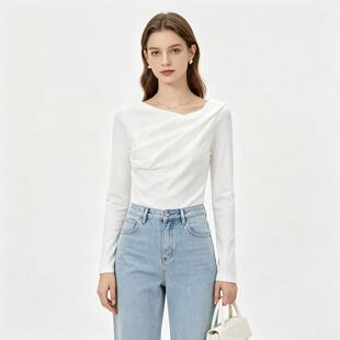 AA2471外贸日单扭结长袖T恤女设计褶皱一字领修身显瘦内搭打底衫
