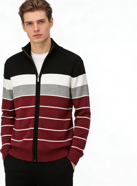 HH8448外贸欧美男士休闲针织衫新款立领条纹拼色宽松毛衣