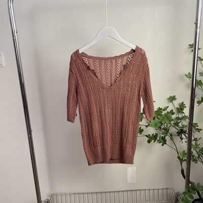 C5042任3件包邮外贸欧美单女士镂空钩花针织衫V领宽松短袖上衣