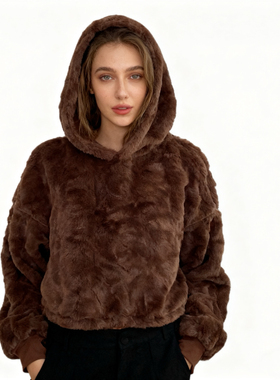 O2365任3件包邮外贸欧美单女士毛绒上衣新款连帽套头加厚短款绒衫