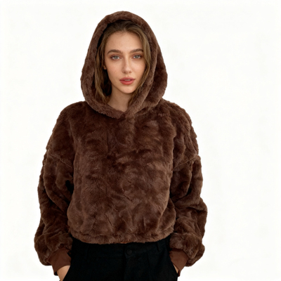 O2365任3件包邮外贸欧美单女士毛绒上衣新款连帽套头加厚短款绒衫