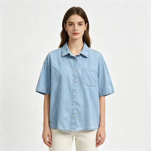 Q5474外贸日单韩系牛仔短袖衬衫女翻领单口袋宽松慵懒风休闲衬衣