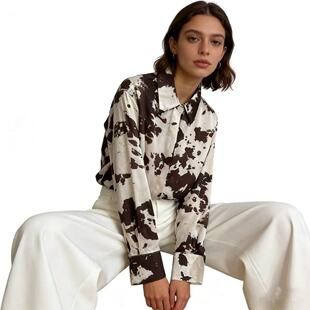 翻领时尚 V5210外贸欧美气质OL风女装 新款 春季 宽松衬衣 印花衬衫