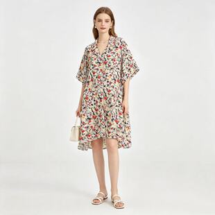 C5291外贸复古油画碎花连衣裙女 翻领短袖宽松中长款开衫衬衣裙