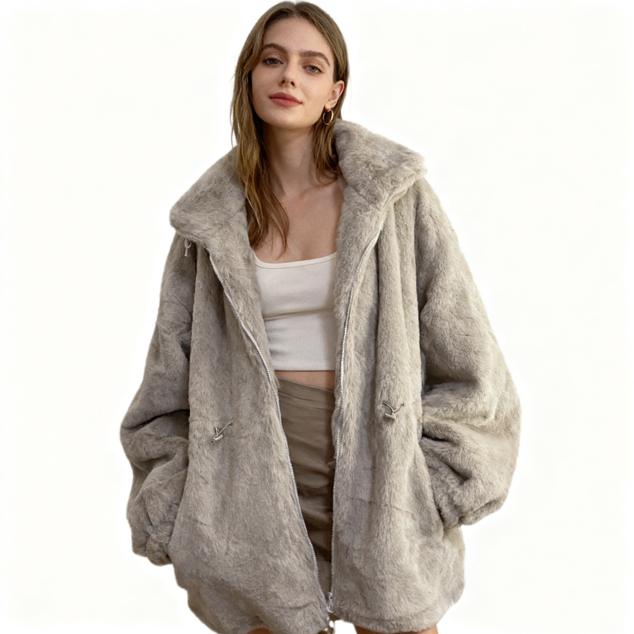 U4059任3件包邮外贸日单女士毛绒外套冬款立领拉链收腰中长款上衣