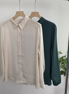 C4419任3件包邮外贸欧美女装长袖衬衫春季新款翻领单排扣宽松衬衣