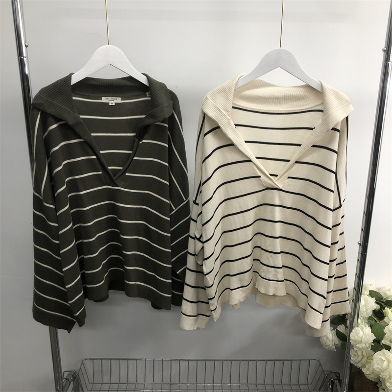 AA1529任3件包邮外贸日单女士针织衫翻领套头宽松大袖管条纹毛衣