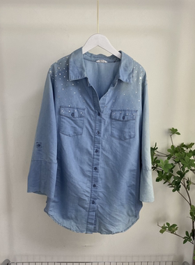 B7413任3件包邮外贸欧美女士牛仔衬衫翻领宽松大码胖MM拼色衬衣