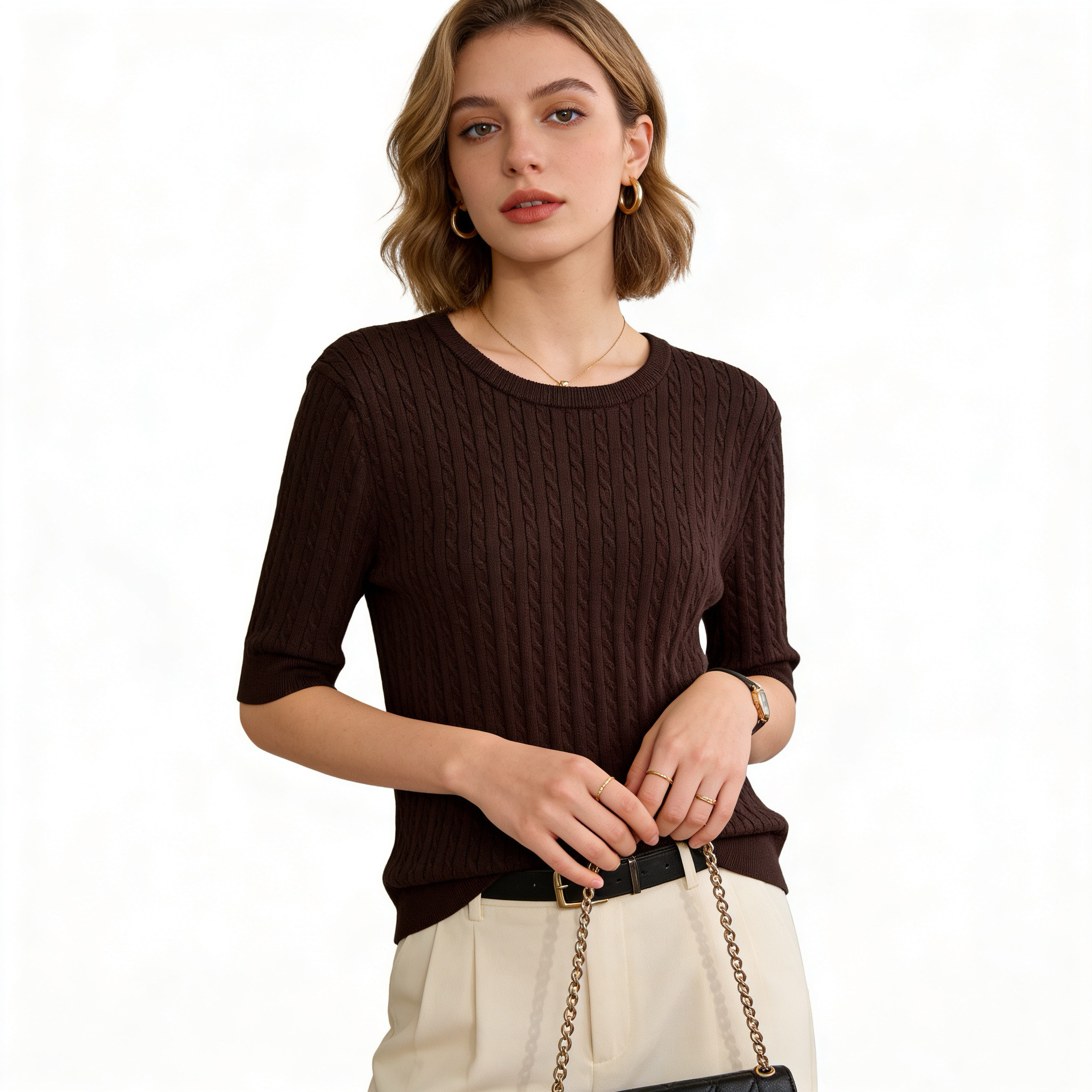 KK1209外贸欧美女士短袖针织衫春季新款圆领套头显瘦麻花花型上衣