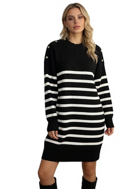B1518外贸欧美女士中长款针织裙新款圆领条纹拼色显瘦毛衣连衣裙